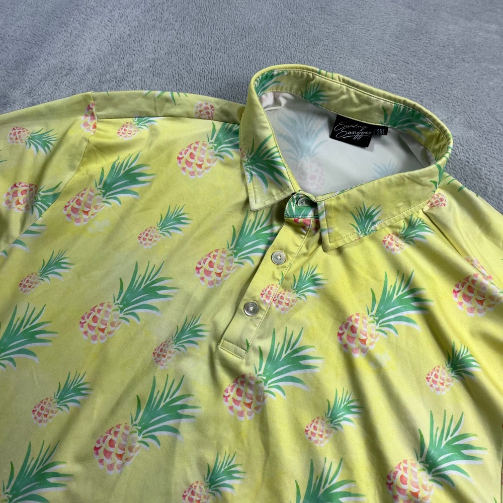 Sunday Swagger‎ Mens 2XL Pineapple Print Golf Polo Shirt Yellow Tropical Stretch